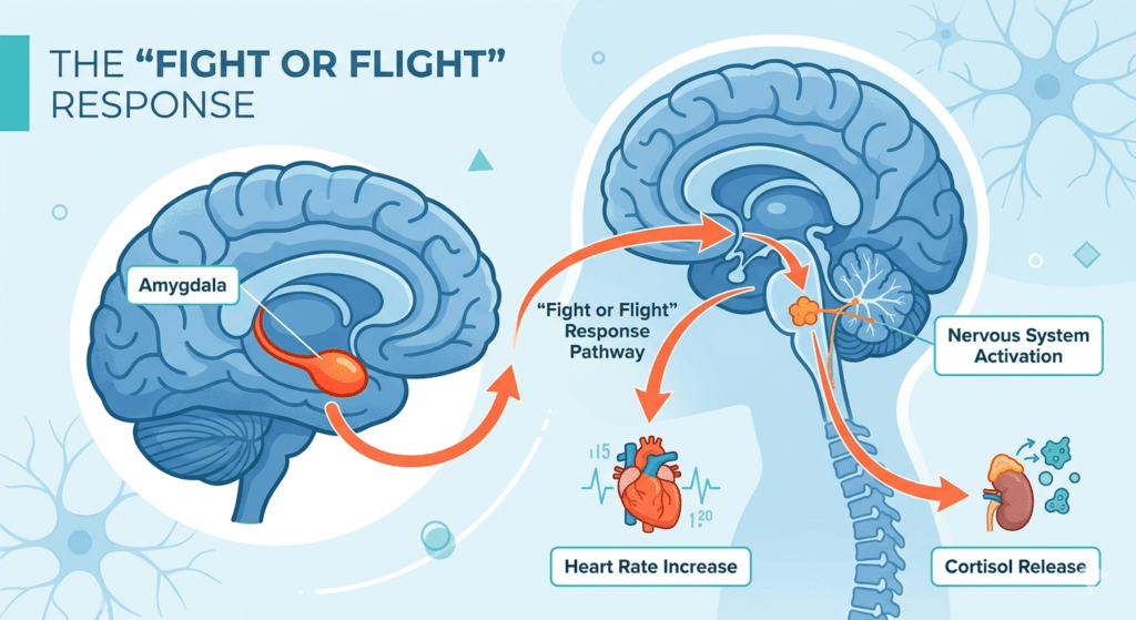 fight or flight" response pathway. Labels: Amygdala, Cortisol Release, Heart Rate Increase, Nervous System Activation. Light blue and white color palette,