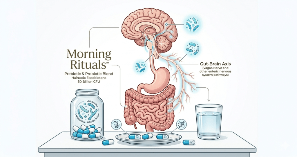 “Illustration of gut-brain connection, human body with highlighted digestive system and brain link”