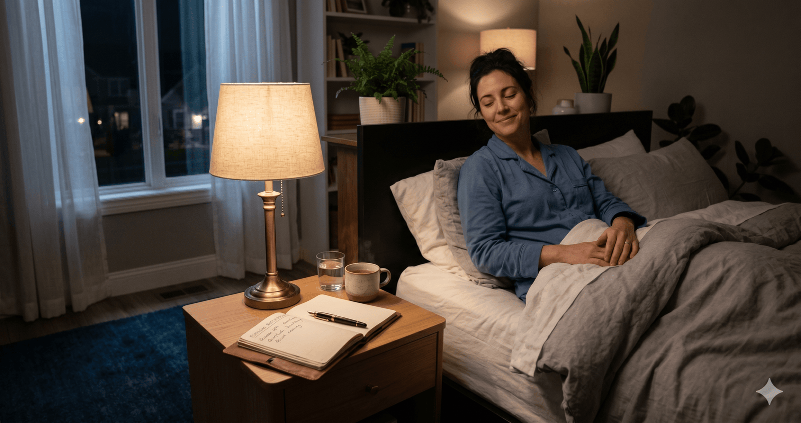 a person looking relaxed — conveying a healthy, anxiety-free bedtime routine.