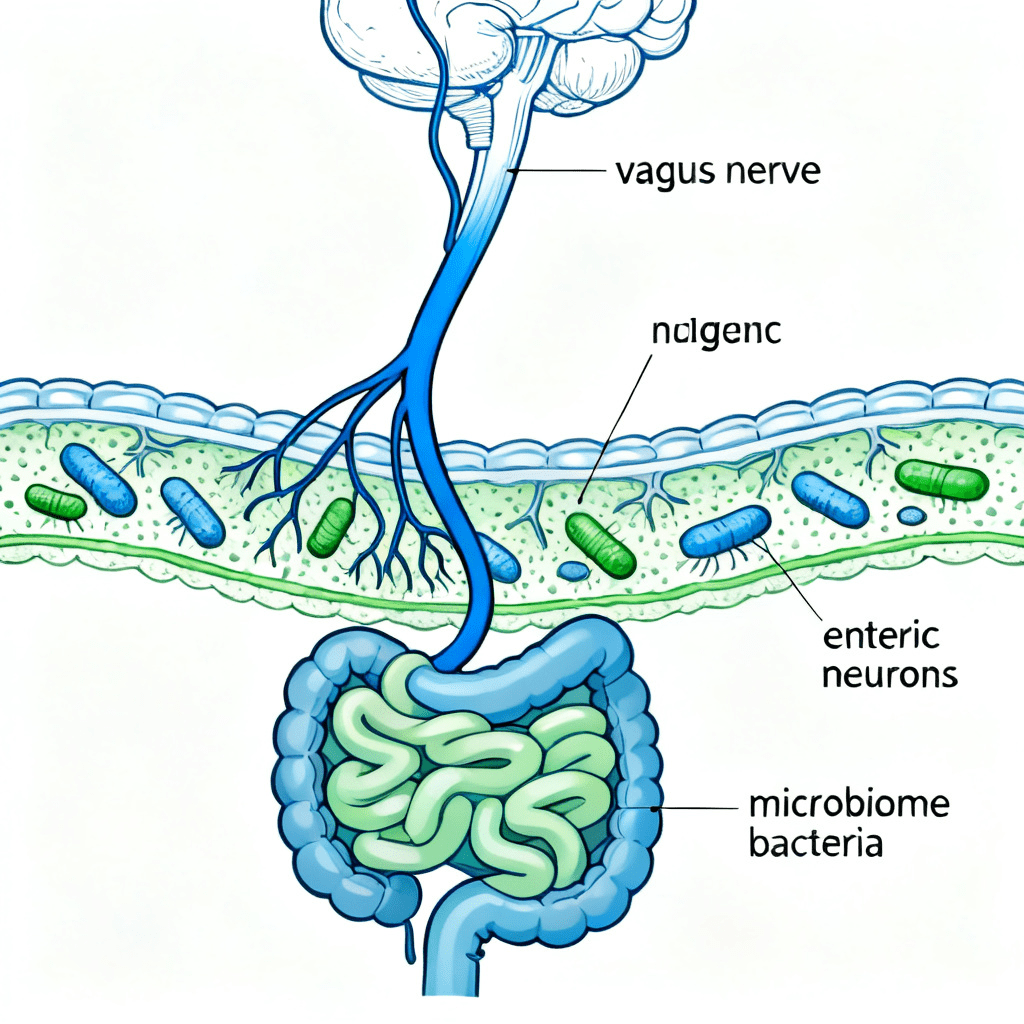 gut-brain axis diagram showing vagus nerve, enteric nervous system and microbiome connection to anxiety 