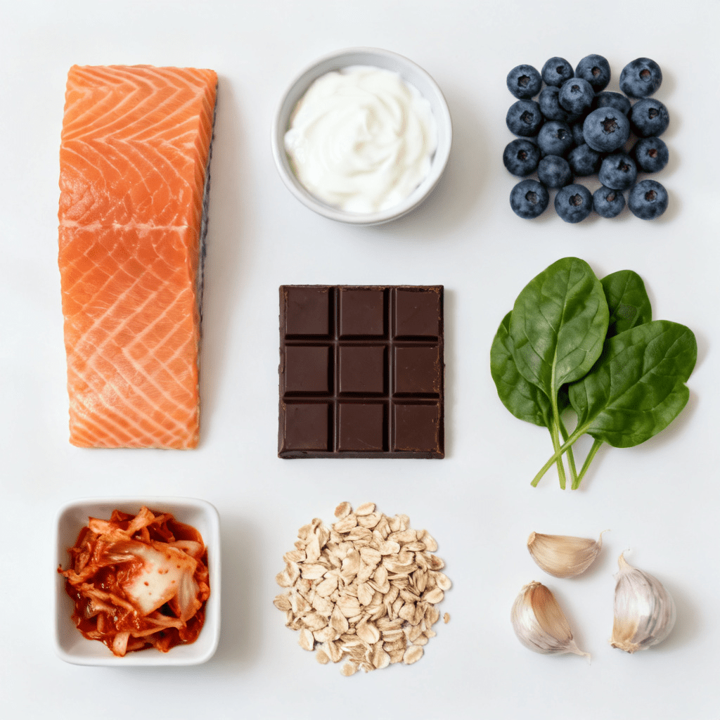 best foods for gut health and anxiety including salmon yoghurt blueberries dark chocolate and fermented foods 