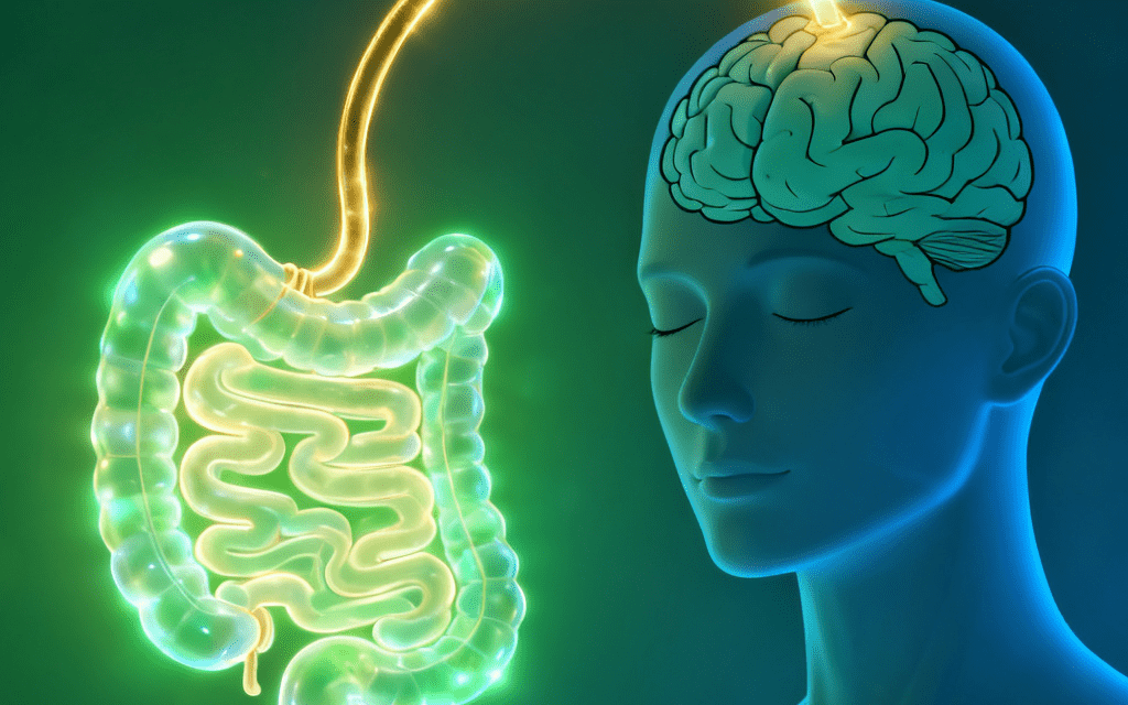 FEATURED IMAGE PROMPT: A split illustration showing a healthy glowing gut on one side connected by a glowing neural pathway to a calm, serene brain on the other — vibrant greens and blues, clean and scientific yet warm and approachable, conveying the gut-brain healing connection webp format