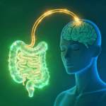 FEATURED IMAGE PROMPT: A split illustration showing a healthy glowing gut on one side connected by a glowing neural pathway to a calm, serene brain on the other — vibrant greens and blues, clean and scientific yet warm and approachable, conveying the gut-brain healing connection webp format