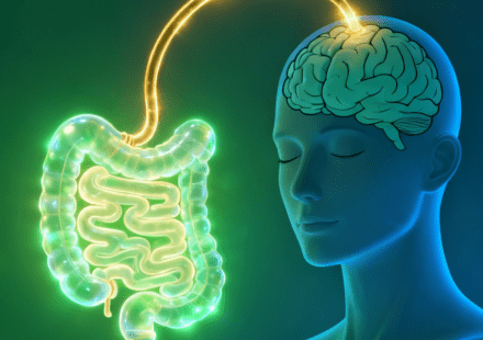 FEATURED IMAGE PROMPT: A split illustration showing a healthy glowing gut on one side connected by a glowing neural pathway to a calm, serene brain on the other — vibrant greens and blues, clean and scientific yet warm and approachable, conveying the gut-brain healing connection webp format