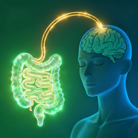 FEATURED IMAGE PROMPT: A split illustration showing a healthy glowing gut on one side connected by a glowing neural pathway to a calm, serene brain on the other — vibrant greens and blues, clean and scientific yet warm and approachable, conveying the gut-brain healing connection webp format