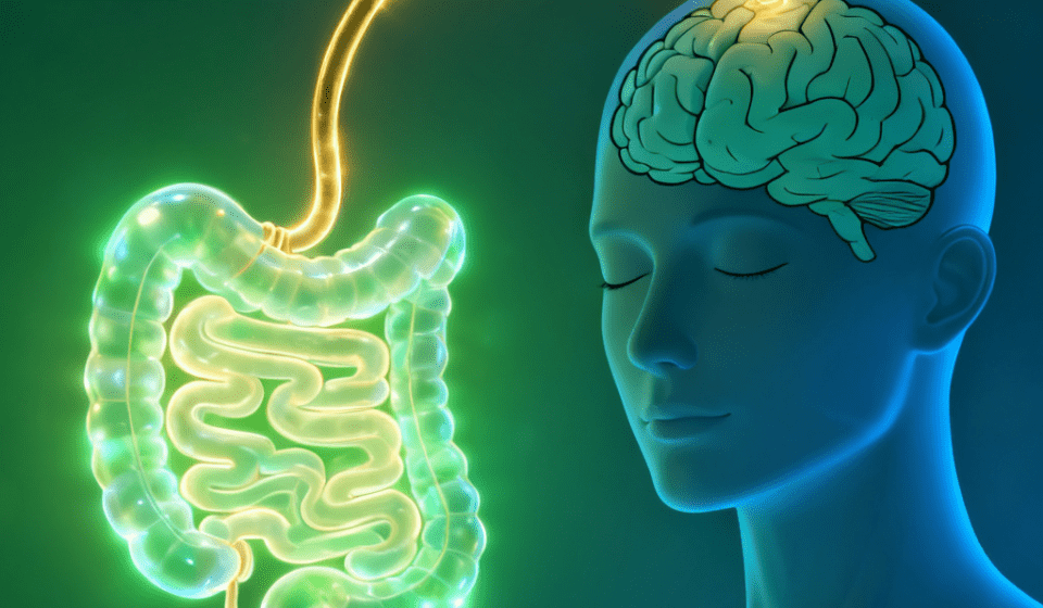FEATURED IMAGE PROMPT: A split illustration showing a healthy glowing gut on one side connected by a glowing neural pathway to a calm, serene brain on the other — vibrant greens and blues, clean and scientific yet warm and approachable, conveying the gut-brain healing connection webp format