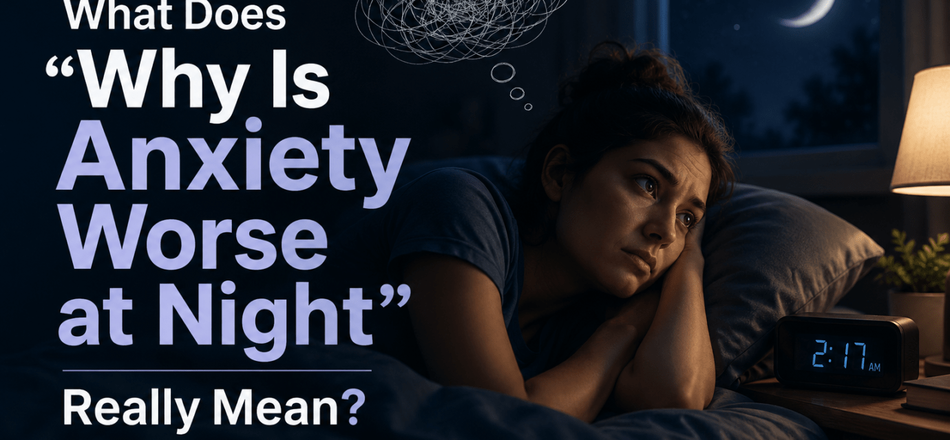 Woman lying awake in bed at night with anxious thoughts, moonlight through the window, and the text “Why Is Anxiety Worse at Night” displayed prominently.