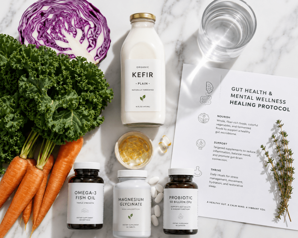 Flat lay of gut health and depression healing supplements and foods including probiotics omega-3 magnesium and fermented foods 