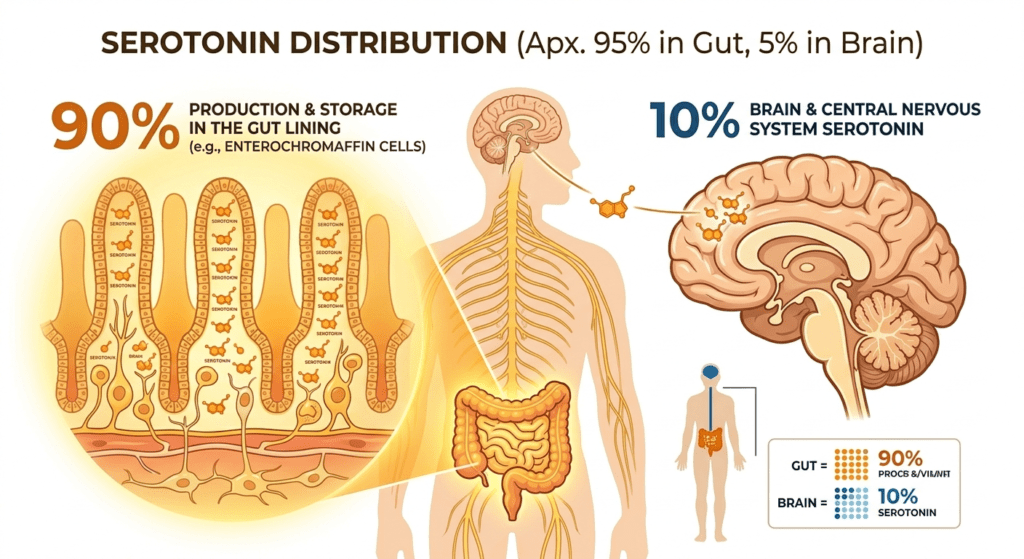 Infographic showing 90 percent of serotonin produced in the gut not the brain