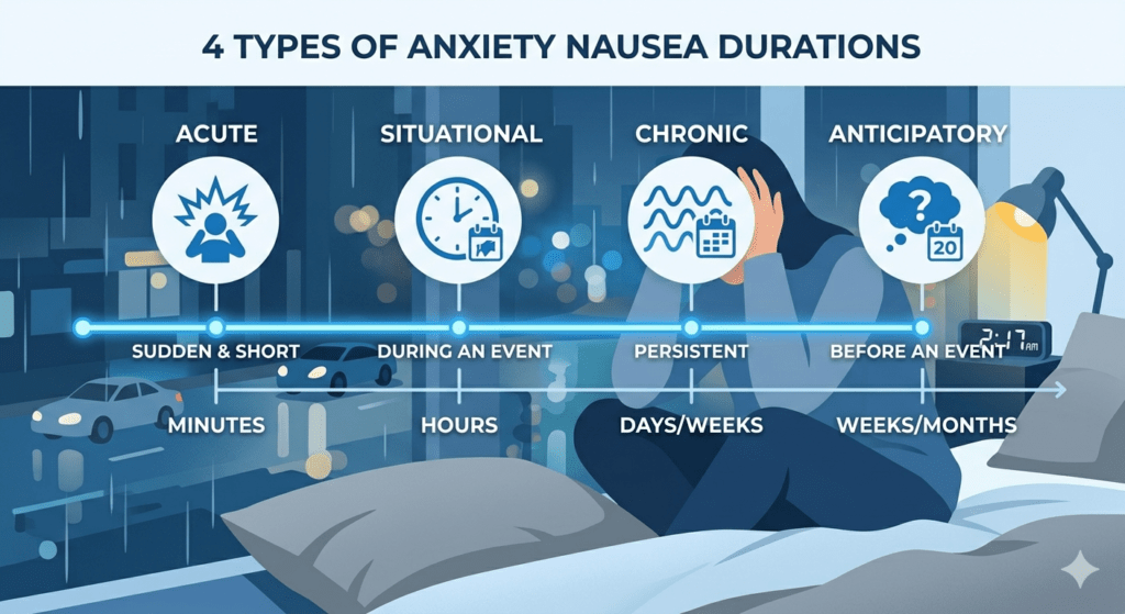 Infographic timeline showing how long different types of anxiety nausea last from acute to chronic