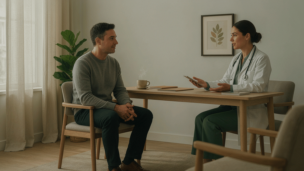 Doctor discussing digestive and anxiety symptoms with a patient
