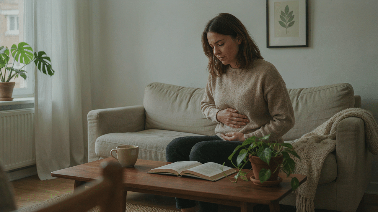 Anxiety and digestive symptoms such as abdominal discomfort
