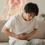 can leaky gut cause anxiety woman holding stomach with anxious expression