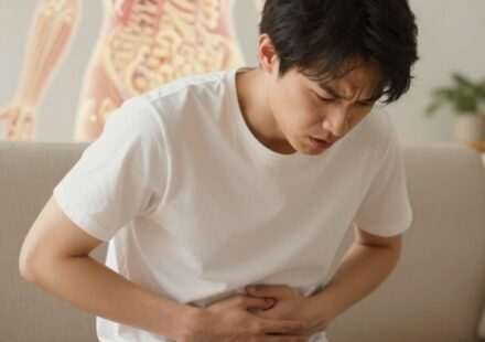 can leaky gut cause anxiety woman holding stomach with anxious expression