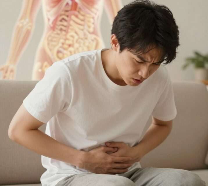 can leaky gut cause anxiety woman holding stomach with anxious expression