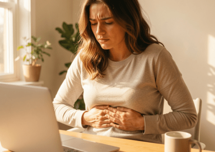 cortisol and gut health stressed person holding stomach in pain