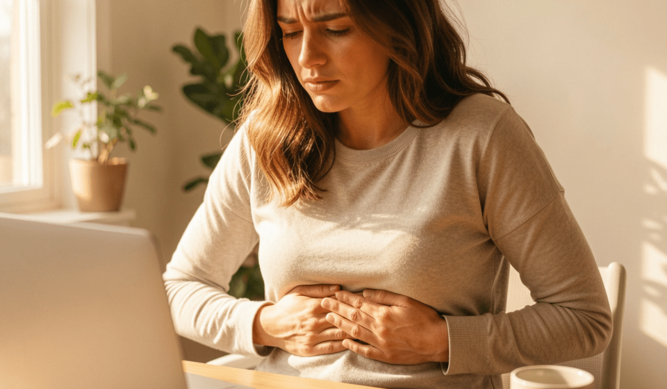 Cortisol and Gut Health: 7 Shocking Ways Stress Destroys Your Gut (And How to Fix It) cortisol and gut health stressed person holding stomach in pain