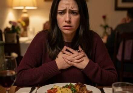 panic attacks after eating woman holding chest at dining table