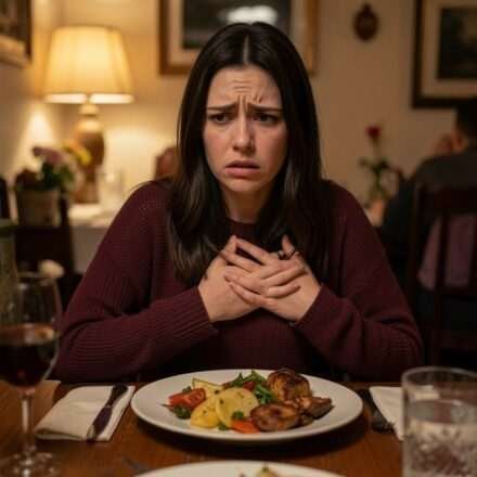 panic attacks after eating woman holding chest at dining table