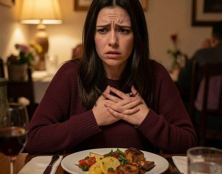 panic attacks after eating woman holding chest at dining table