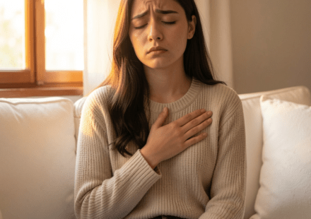 anxiety and heart palpitations — woman holding chest feeling heart race