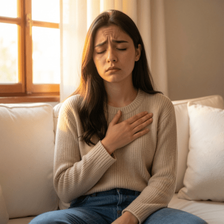 anxiety and heart palpitations — woman holding chest feeling heart race