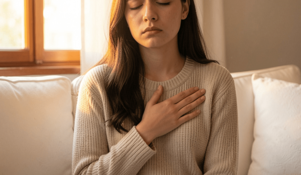 How to Stop a Panic Attack Fast: 7 Proven Techniques That Actually Work anxiety and heart palpitations — woman holding chest feeling heart race