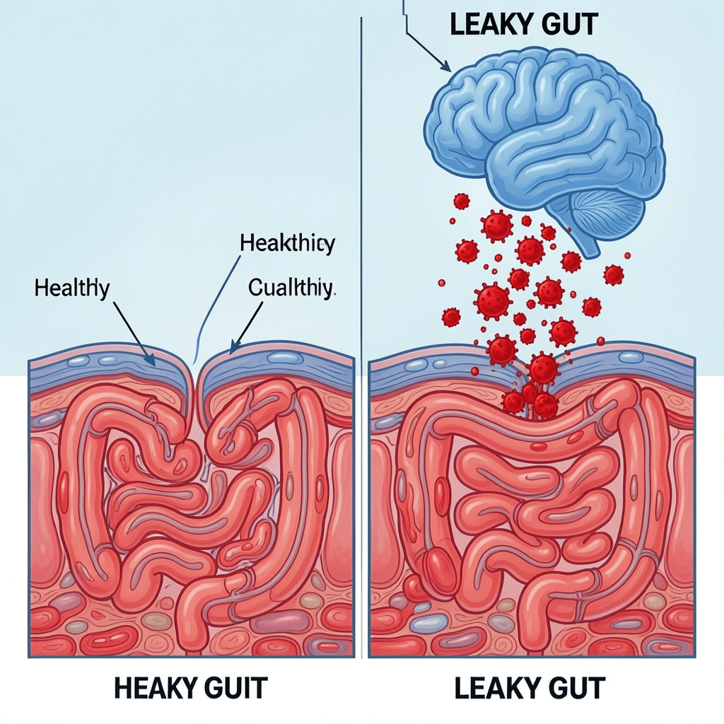 can leaky gut cause anxiety diagram showing toxic particles escaping gut lining to brain