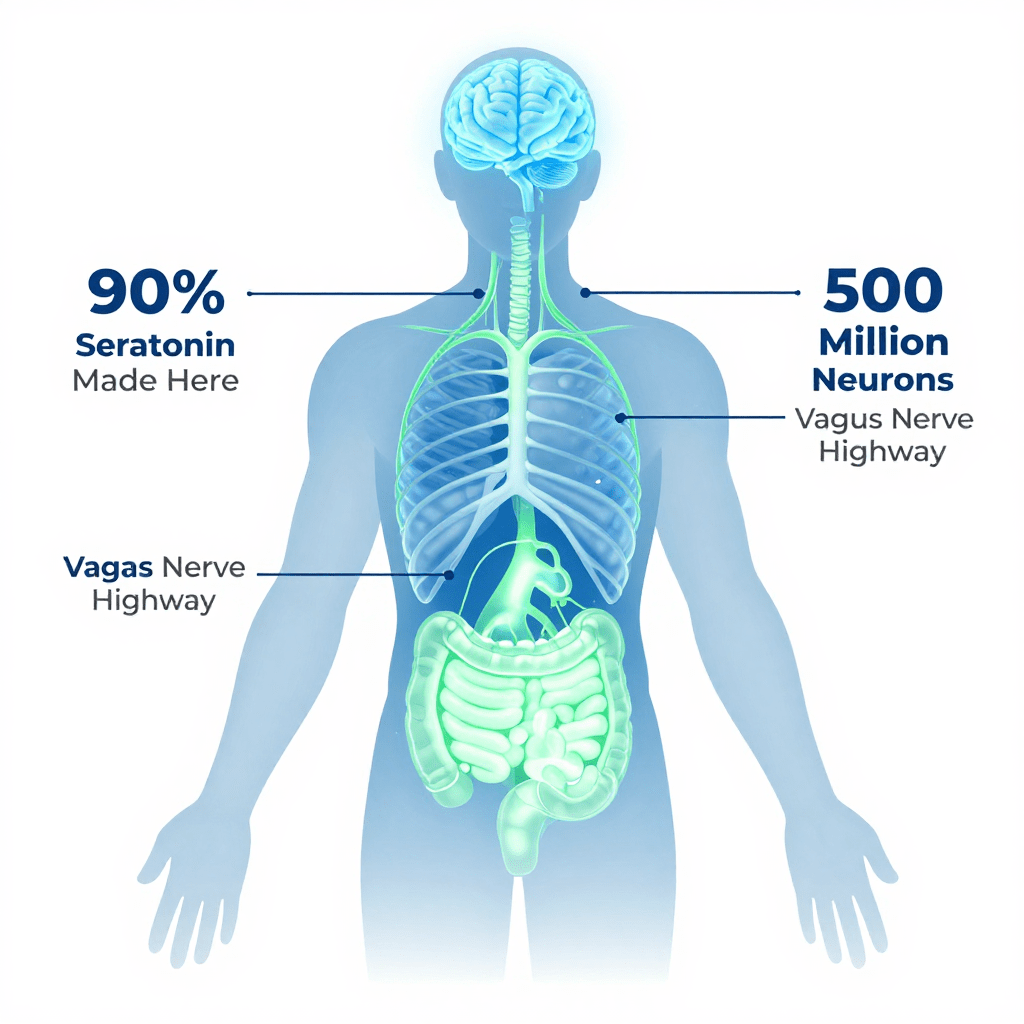 Gut-brain axis diagram showing how gut health affects anxiety 