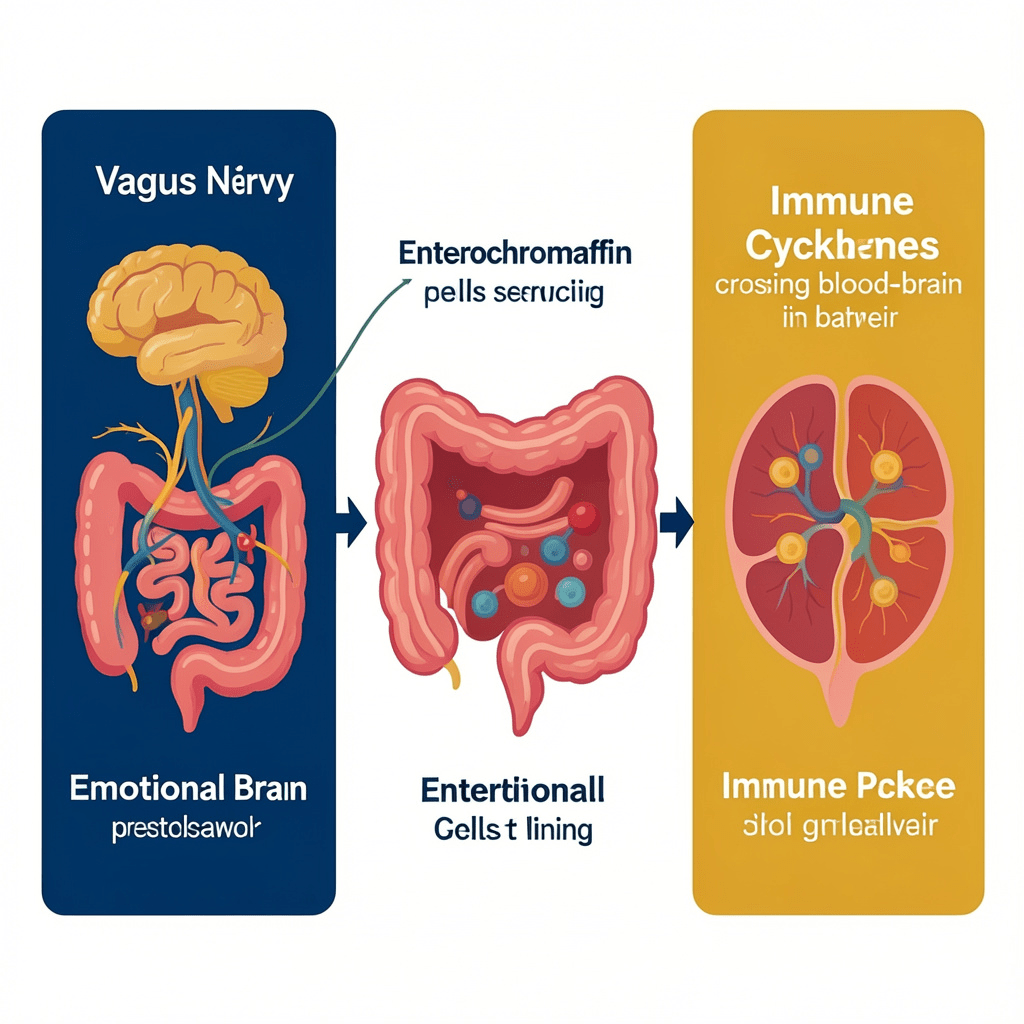 Three-pathway diagram showing how gut health affects depression through vagus nerve, serotonin production, and neuroinflammation 