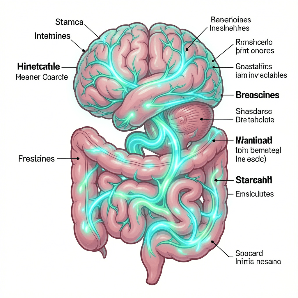 Gut-brain axis diagram showing nerve pathway connection between brain and stomach