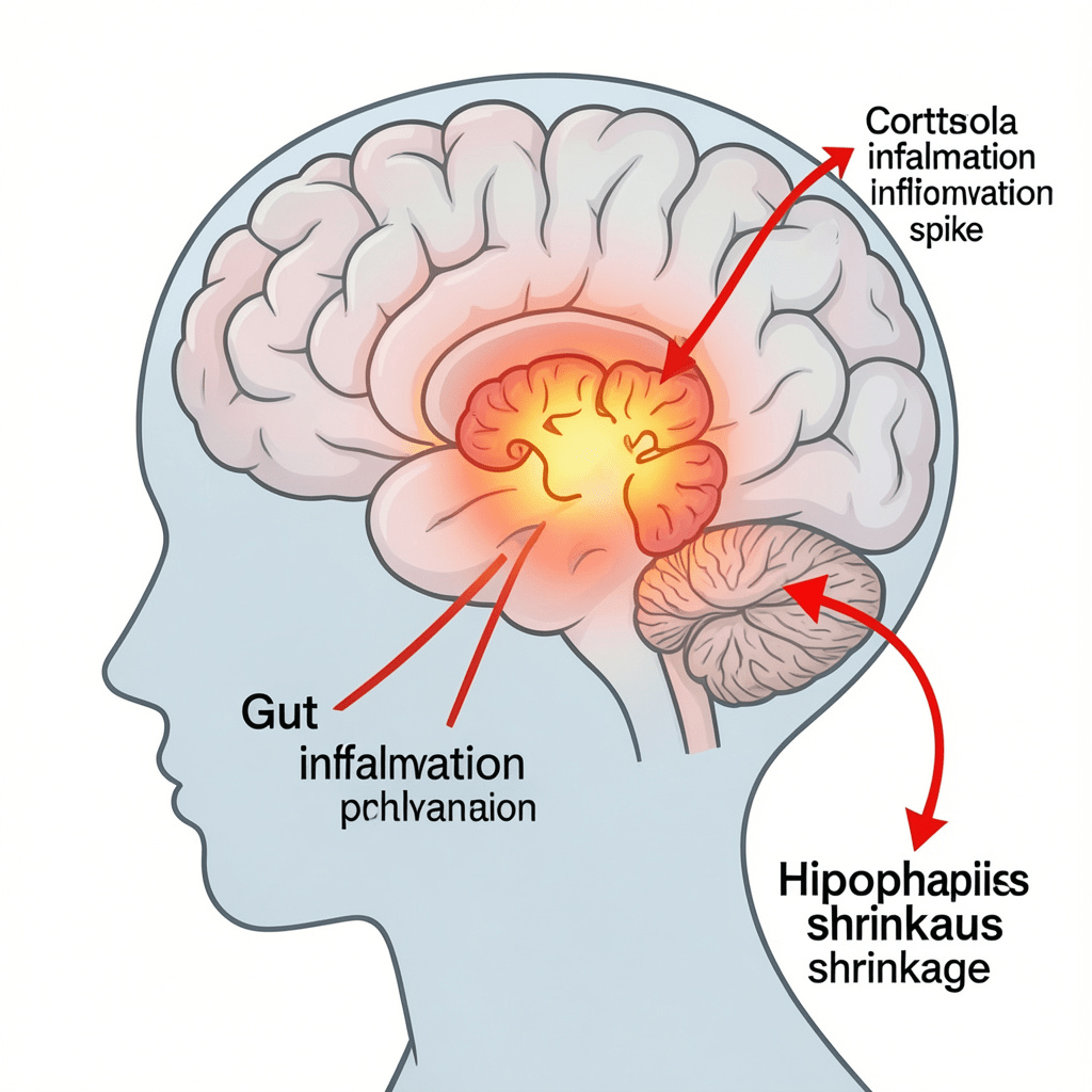 Brain diagram showing how gut-driven cortisol elevation shrinks the hippocampus contributing to depression 