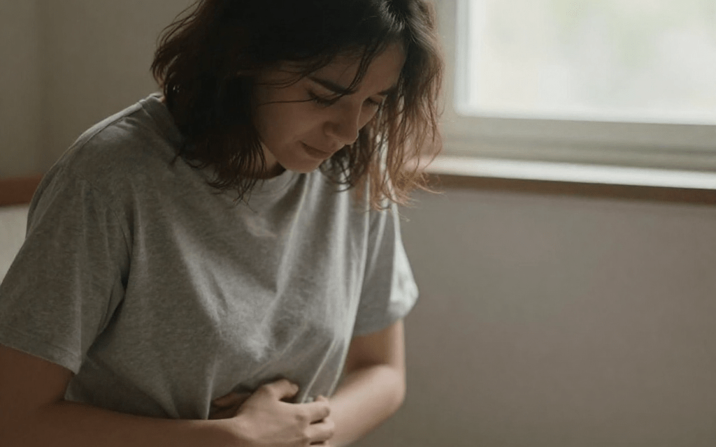 Person sitting by window looking depressed with hand on stomach showing gut health and depression connection