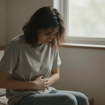 Person sitting by window looking depressed with hand on stomach showing gut health and depression connection