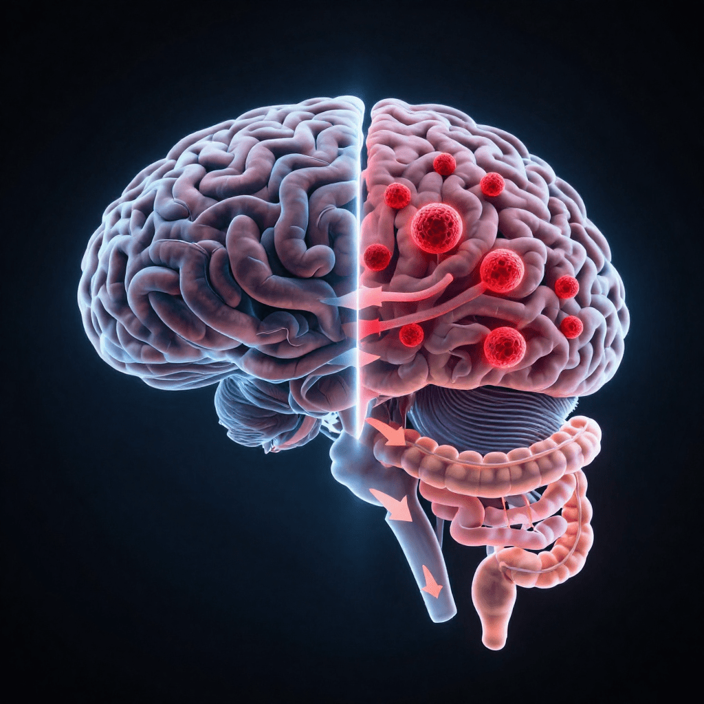 Split brain diagram showing healthy versus neuroinflamed brain caused by gut inflammation linked to depression 