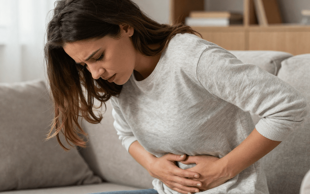 Woman sitting on couch holding stomach due to nausea from anxiety