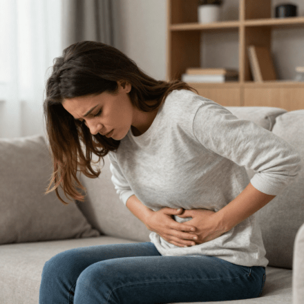 Woman sitting on couch holding stomach due to nausea from anxiety