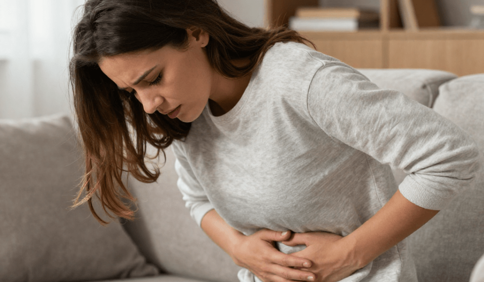 Woman sitting on couch holding stomach due to nausea from anxiety