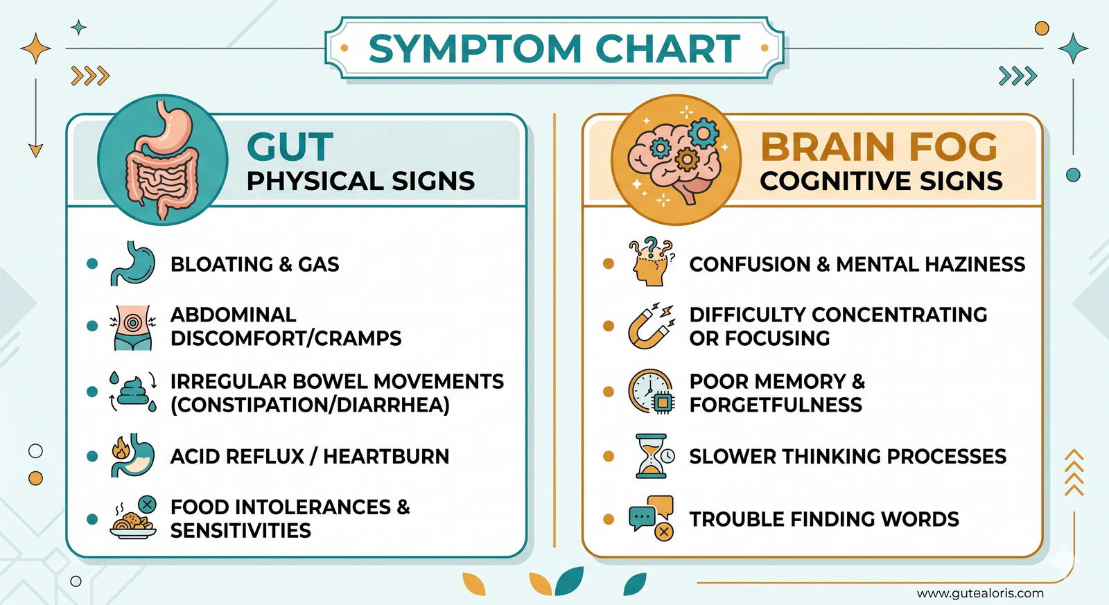 Two-column symptom chart showing gut physical signs and brain fog cognitive symptoms that indicate gut-driven brain fog Leaky Gut and Brain Fog Symptoms — Recognise the Pattern 