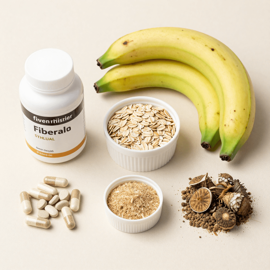 Variety of the best fiber supplements for gut health including resistant starch and beta-glucan