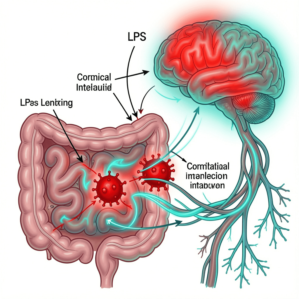 SIBO gut-brain axis showing LPS toxins traveling from leaky gut to the brain causing anxiety