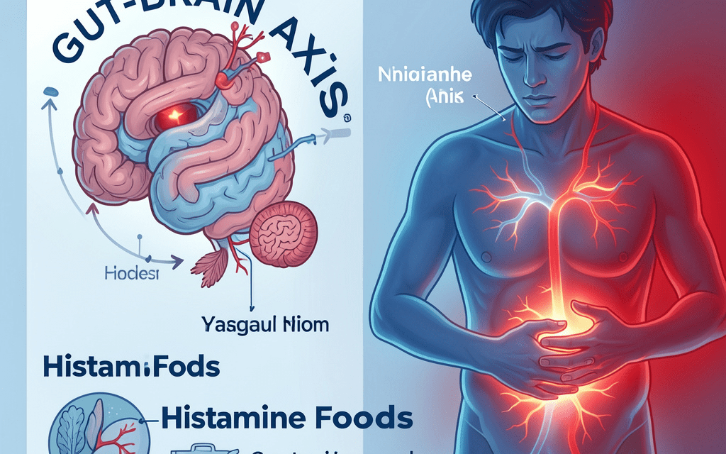 Medical illustration showing the connection between histamine intolerance and anxiety through the gut-brain axis.