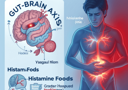 Medical illustration showing the connection between histamine intolerance and anxiety through the gut-brain axis.