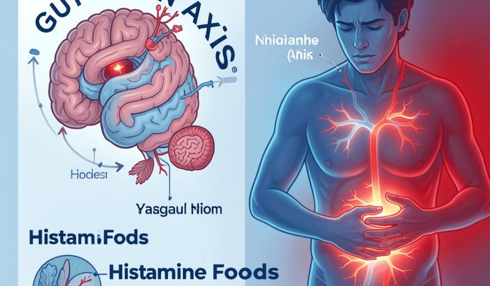 Medical illustration showing the connection between histamine intolerance and anxiety through the gut-brain axis.
