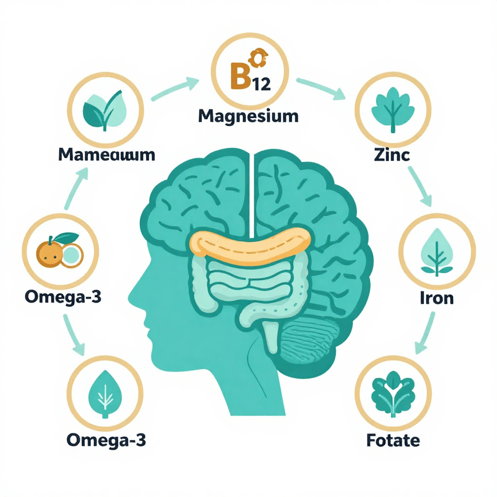  Infographic showing brain nutrient requirements and how compromised gut health blocks absorption of B12 magnesium zinc iron and omega-3 causing brain fog 