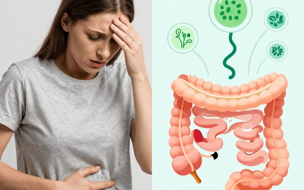 gut dysbiosis anxiety symptoms — woman experiencing gut pain and mental distress