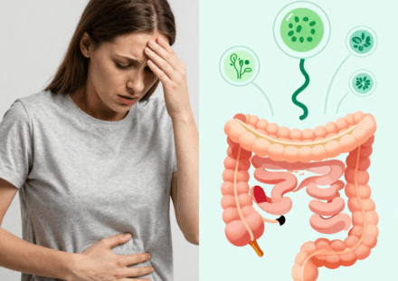 gut dysbiosis anxiety symptoms — woman experiencing gut pain and mental distress