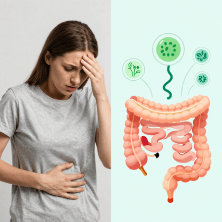 gut dysbiosis anxiety symptoms — woman experiencing gut pain and mental distress
