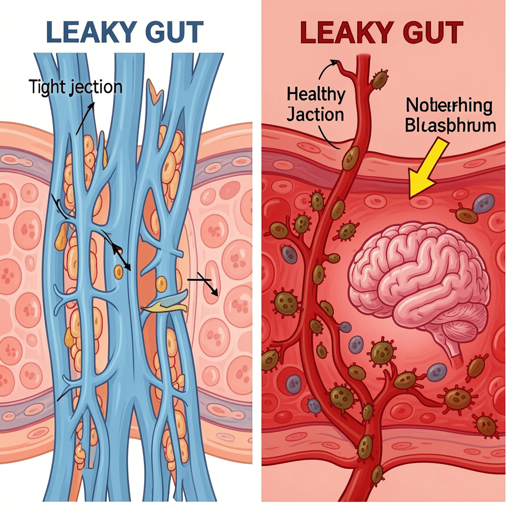 Diagram comparing healthy gut wall tight junctions versus leaky gut with toxins and food particles entering bloodstream causing brain fog 