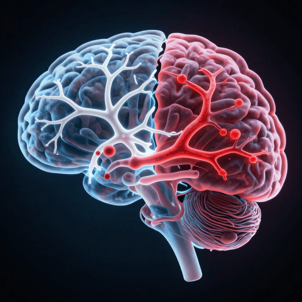 Split brain diagram showing clear healthy neural connections versus neuroinflamed brain caused by gut health toxins creating brain fog